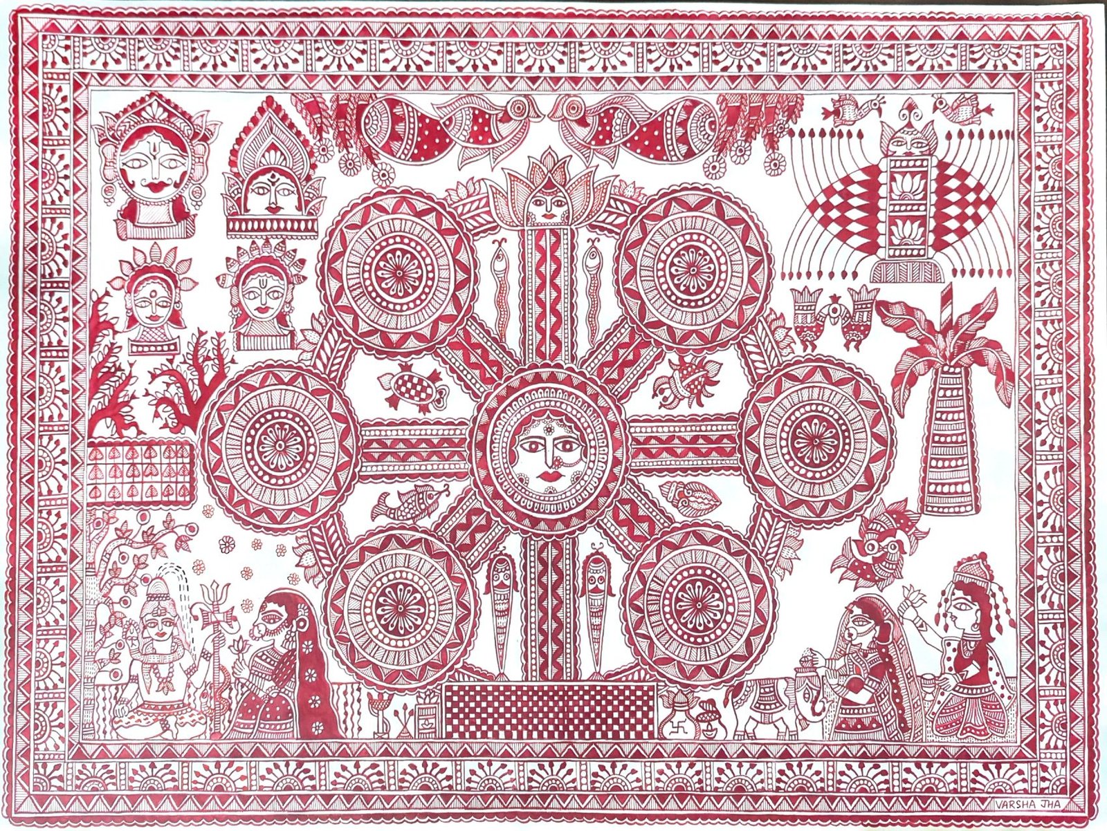 Kohbar Madhubani wedding painting in fine red line work on white, with a central lotus ring, deities and wedding figures