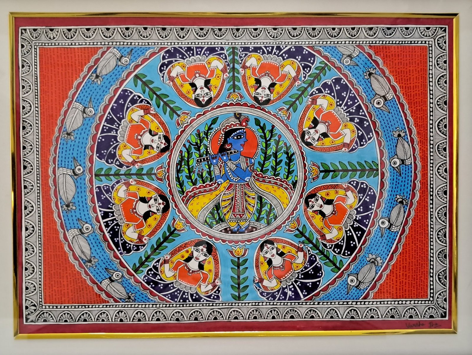 Madhubani painting of blue Krishna at the centre of a circle of gopis, each framed in a lotus petal, in bright Bharni colours