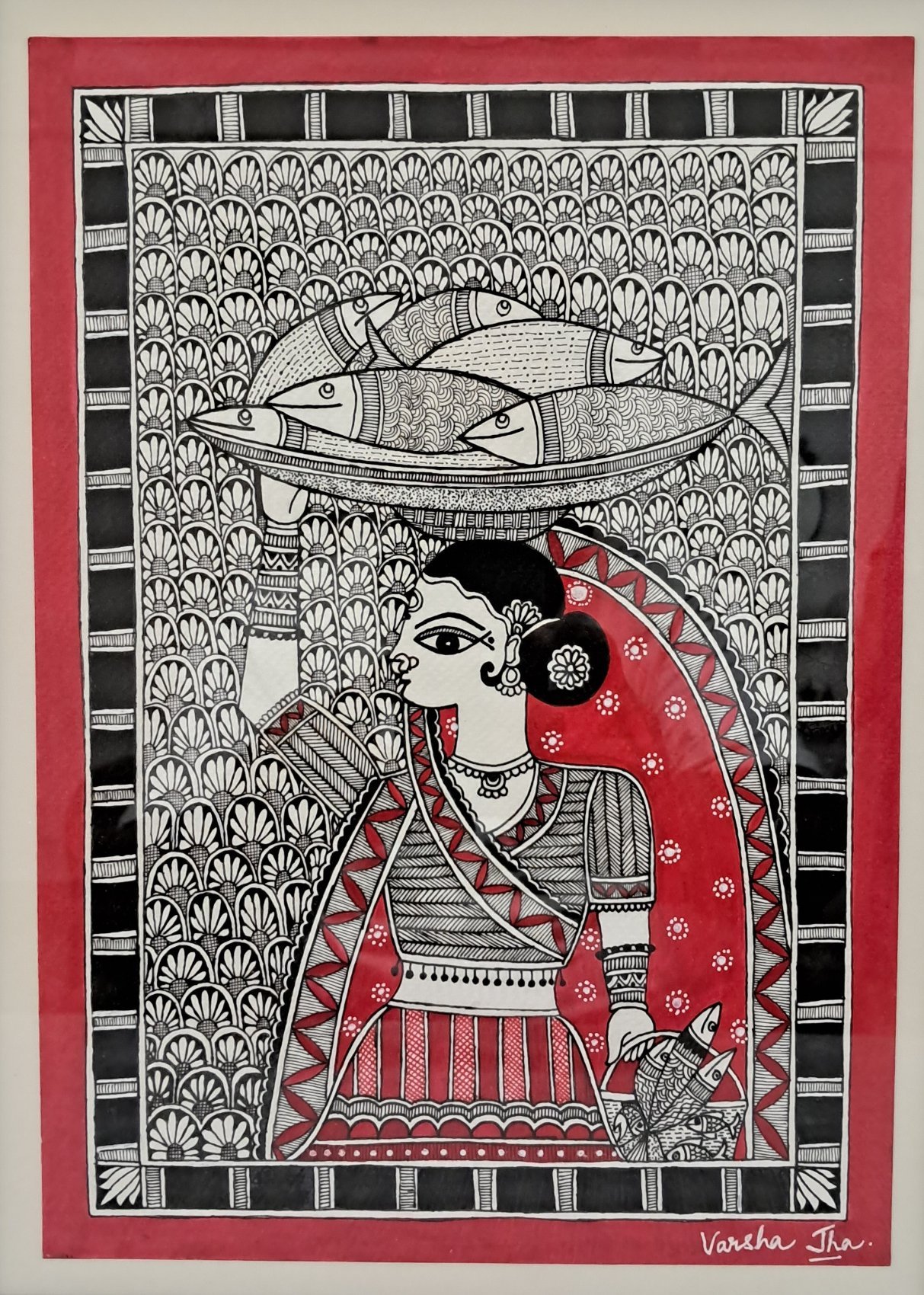 Kachni-style Madhubani painting of a village woman balancing a basket of fish on her head, in red, black and white